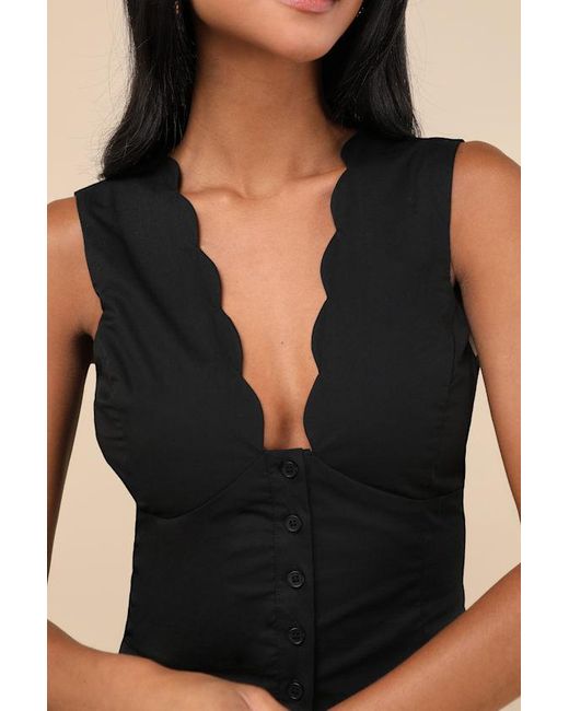Lulus Black Seasonally Lovely Scalloped Button-Front Top