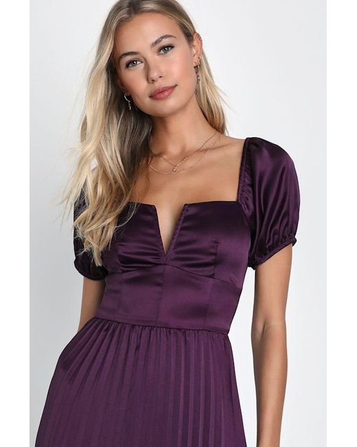 Lulus Purple Flawless Forever Dark Satin Pleated Midi Dress