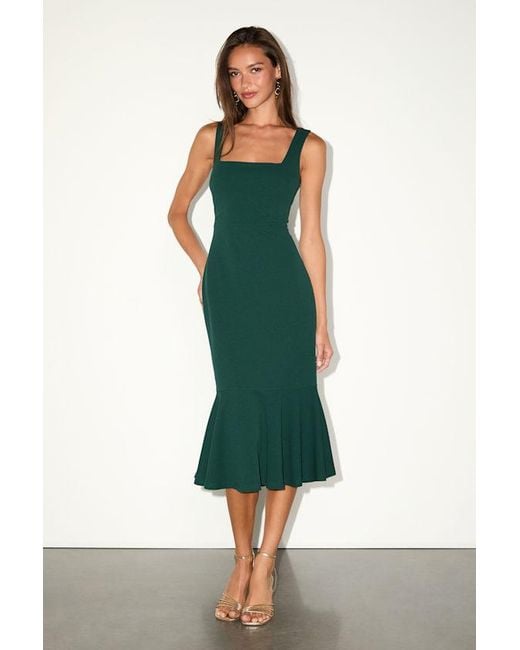 Lulus Green Moment Maker Emerald Square Neck Trumpet Midi Dress