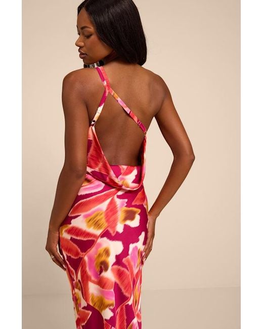 Lulus Red Sandria Multi Floral Satin One-Shoulder Maxi Dress