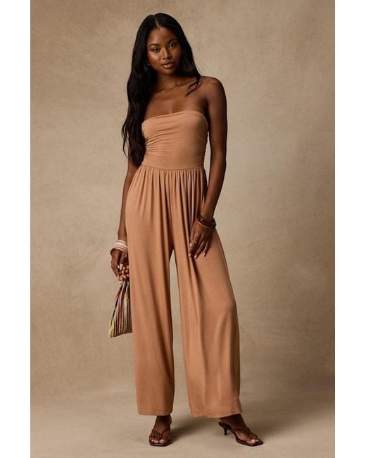 Lush Brown Flirty Posture Jersey Knit Strapless Jumpsuit