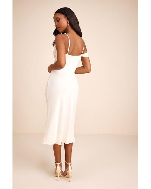 Lulus Natural Cavani Satin Asymmetrical Midi Dress