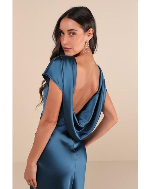 Lulus Blue Captivating Presence Dark Satin Cowl Back Maxi Dress