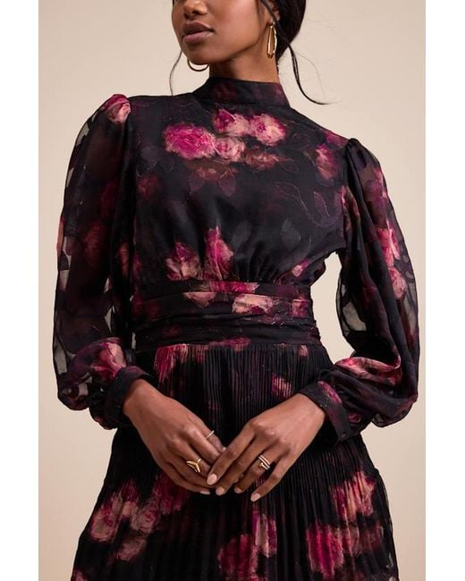Lulus Red Ayveen Floral Burnout Balloon Sleeve Mini Dress