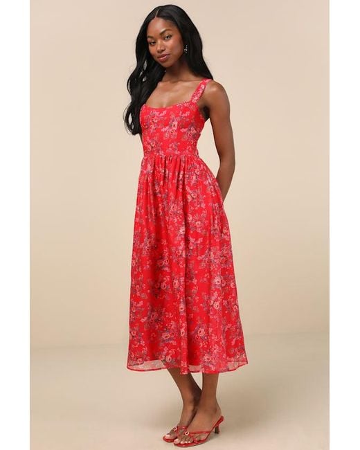 Lulus Red Francesca Floral Sleeveless Midi Dress
