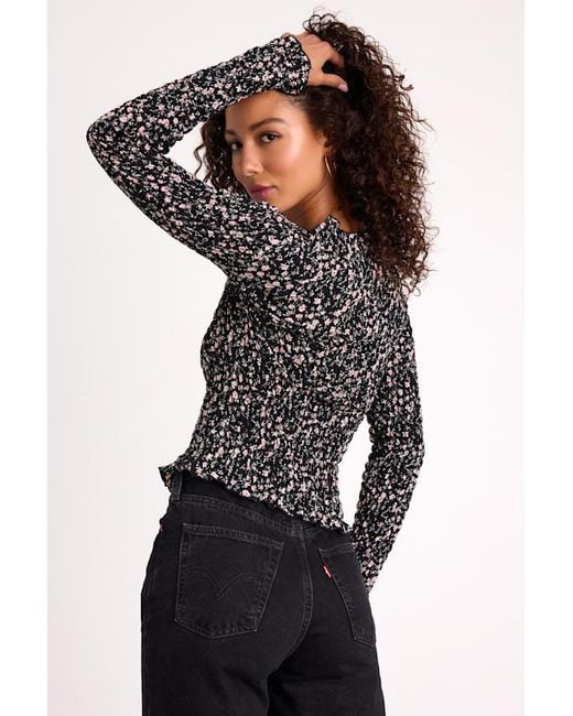 Daisy Street Black Elva Floral Smocked Long Sleeve Top