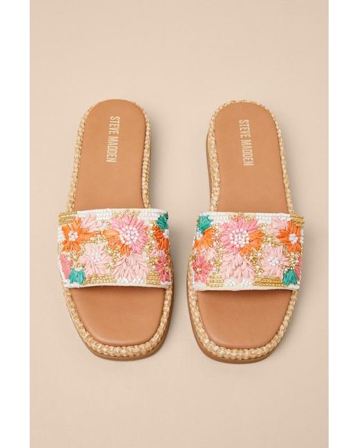Steve Madden Pink Boardwalk Floral Multi Embellished Flatform Slide Sandals