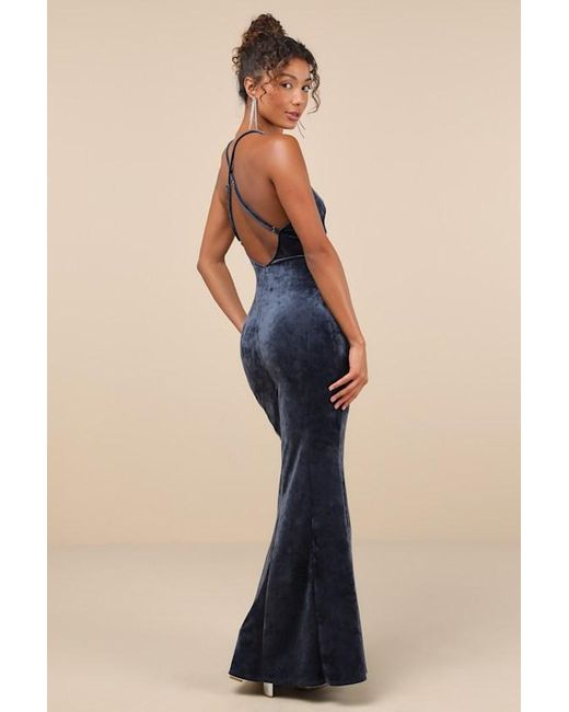 Lulus Blue Immensely Luxe Velour Backless Mermaid Maxi Dress