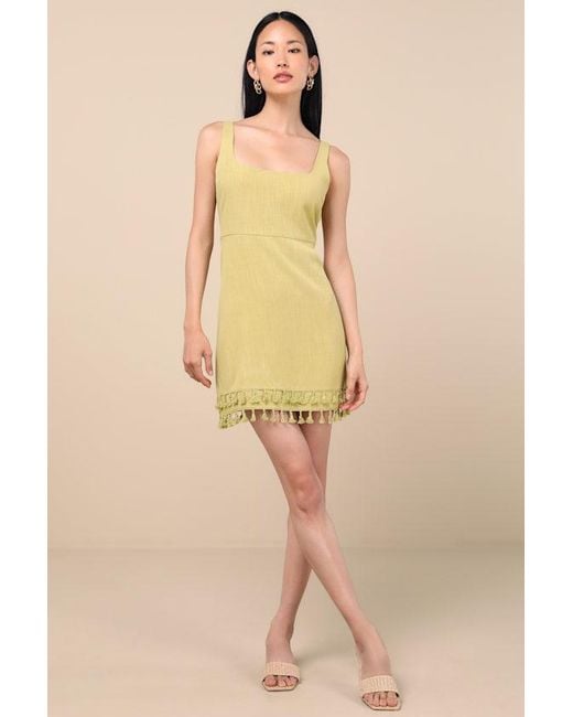 Lulus Natural Feel The Sunshine Chartreuse Linen Tassel Mini Dress