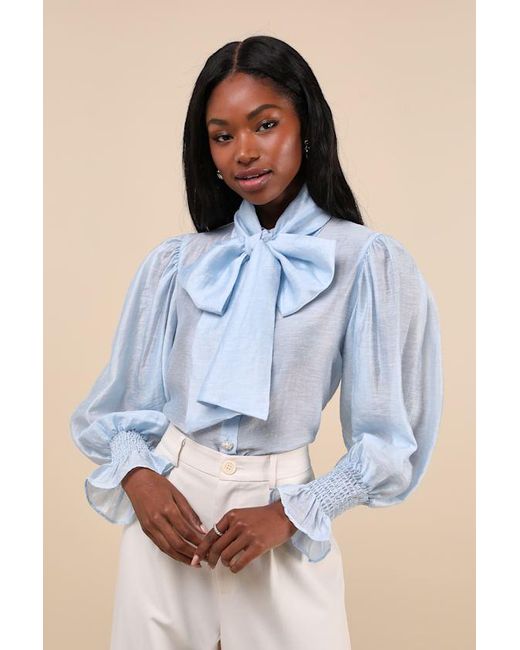 Sister Jane Blue Wind River Light Poet Sleeve Bow Collar Button-Up Top