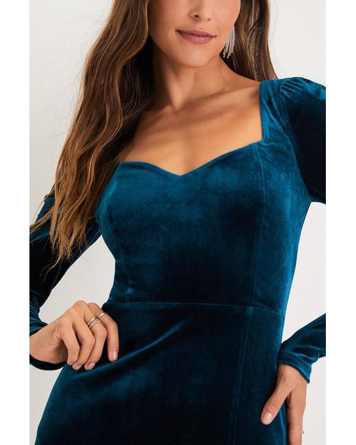 Lulus Blue Fabulous Mood Dark Velvet Long Sleeve Bodycon Mini Dress