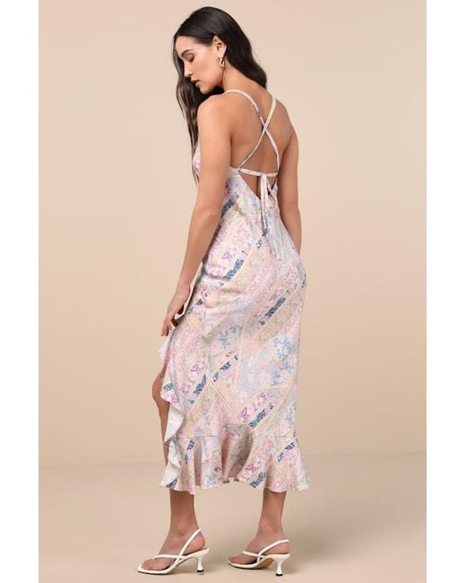 Lulus Natural Hitomi Multi Scarf Print Lace-Up Ruffled Midi Dress