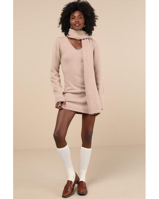 Lulus Natural Essential Coziness Heather Sweater Dress And Scarf Set