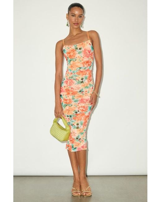 Lulus Orange Date Night Beauty Floral Print Mesh Ruched Midi Dress