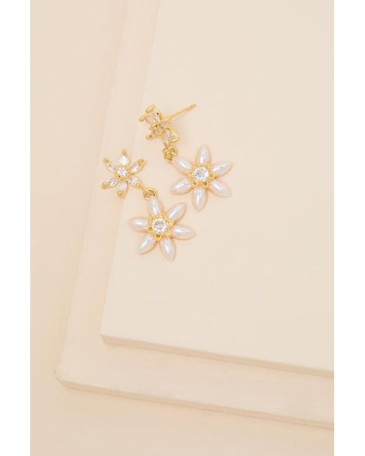 Lulus Natural Ira 14Kt Rhinestone Pearl Flower Drop Earrings