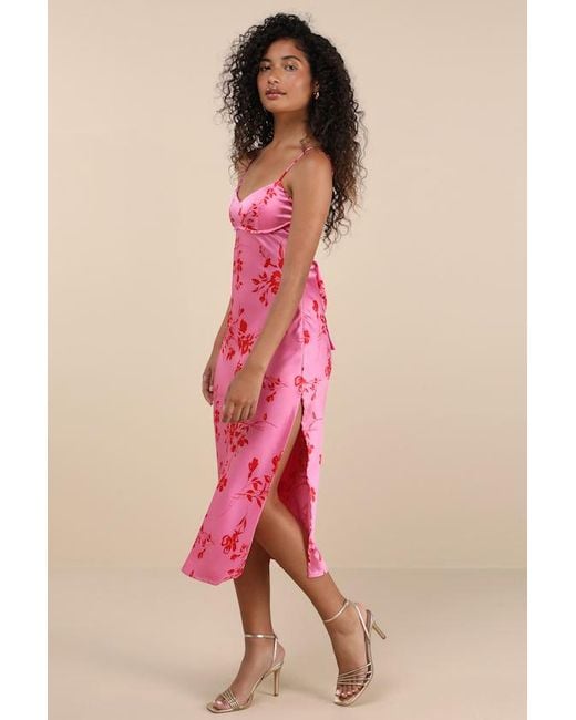 Lulus Pink Glamorous Efforts Floral Print Tie-Back Midi Dress