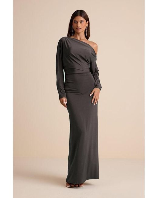Lulus Valani Charcoal Jersey Knit Asymmetrical Long Sleeve Maxi Dress in  Blue | Lyst