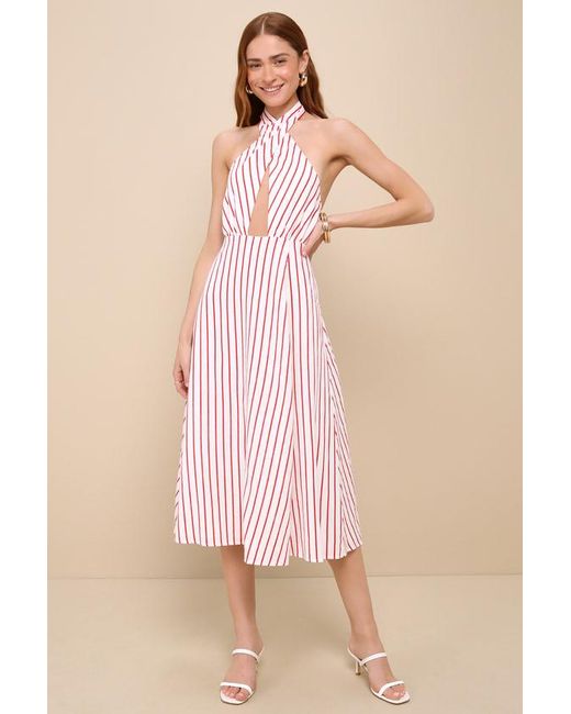 Lulus Pink Sicily Summer And Striped Cutout Halter Midi Dress