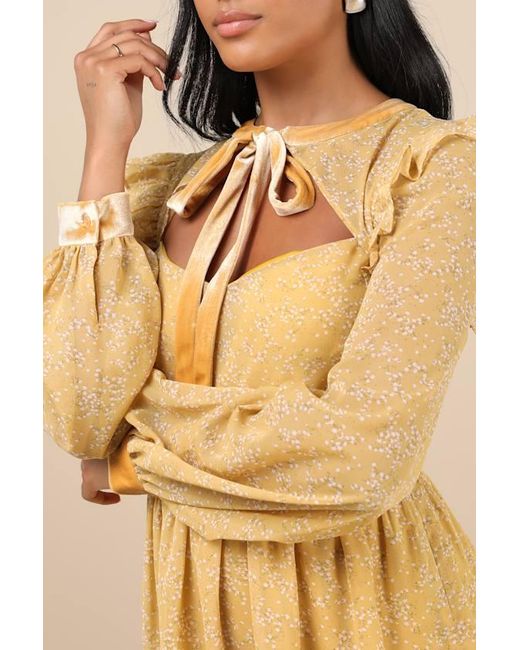 Lulus Natural Posh Impression Floral Print Tie Neck Mini Dress