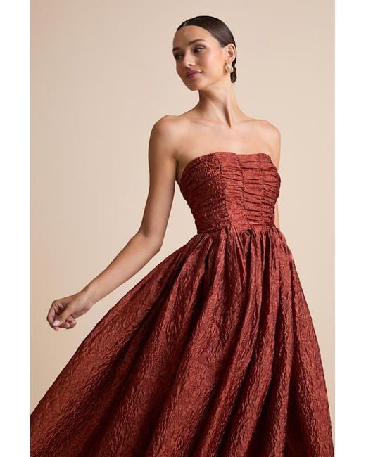 Lulus Red Analeia Rust Jacquard Lace-Up Strapless Midi Dress
