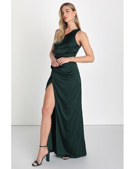 Lulus Green Dreaming Of Elegance Emerald Satin One-Shoulder Maxi Dress