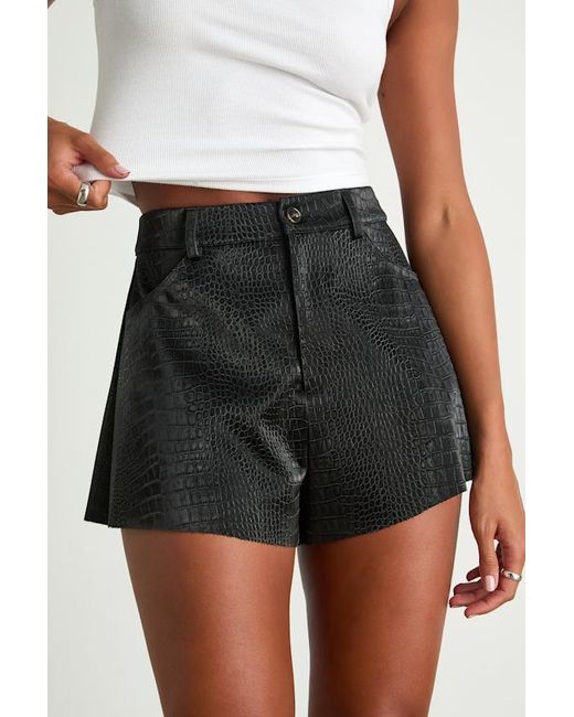 Lulus Black Yvaine Vegan Leather Crocodile-Embossed Shorts