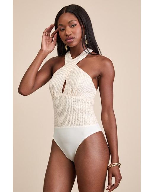 Lulus Blue Sidia Cream Textured Knit Cross-Front Bodysuit