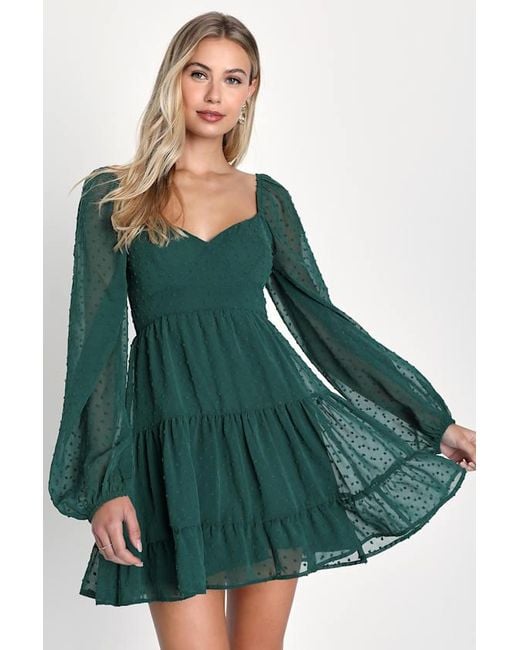 Lulus Green Longing And Love Emerald Swiss Dot Puff Long Sleeve Mini Dress