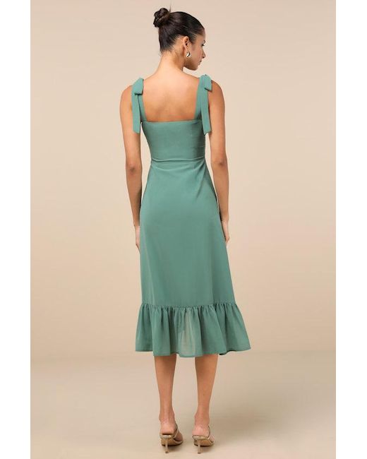 Lulus Green Tamryn Dark Sage Asymmetrical Ruffled Midi Dress