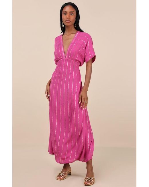 Lulus Women's Pink Goddess Vibes Striped Dolman Sleeve Maxi Dress