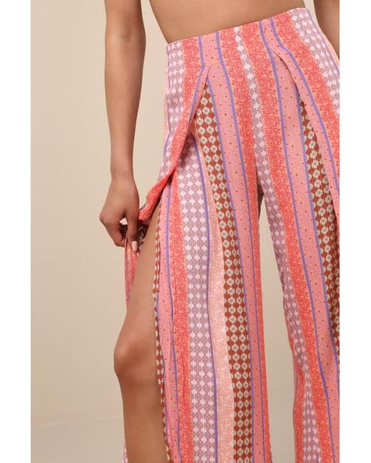 Billabong Pink Split Spirit Multi Boho Print Wide-Leg Slit-Front Pants