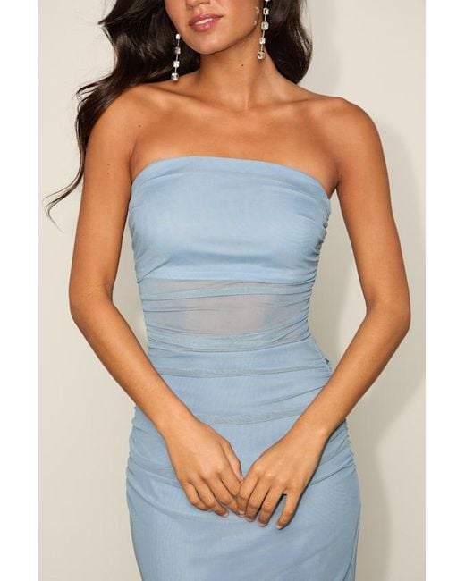 Lulus Blue Utterly Attractive Mesh Ruched Strapless Midi Dress