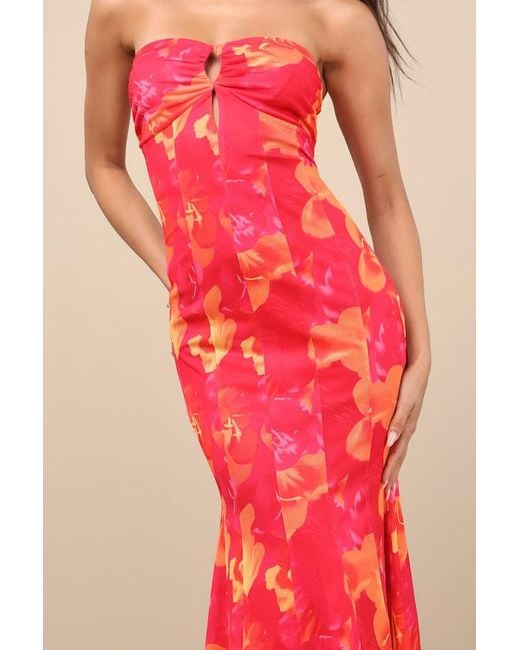 Lulus Red Islay Floral Abstract Mesh Strapless Midi Dress