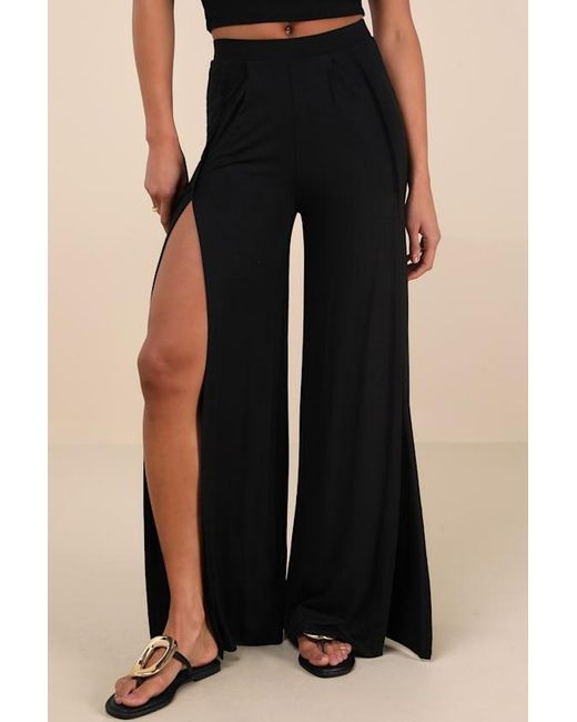 Lulus Black Knockout Knit Wide-Leg Slit-Front Pants