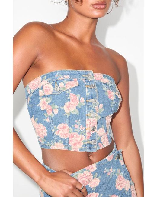 Lulus Blue Ophirah Light Wash Floral Denim Strapless Crop Top