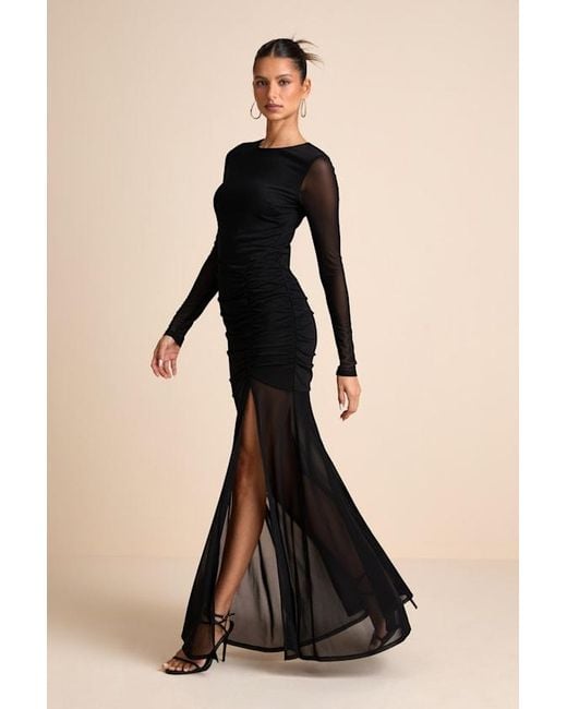 chanel black dress with gold chains Tie Dye Black Mesh Ruched Split Maxi Dress X-Large / Rose main image 1