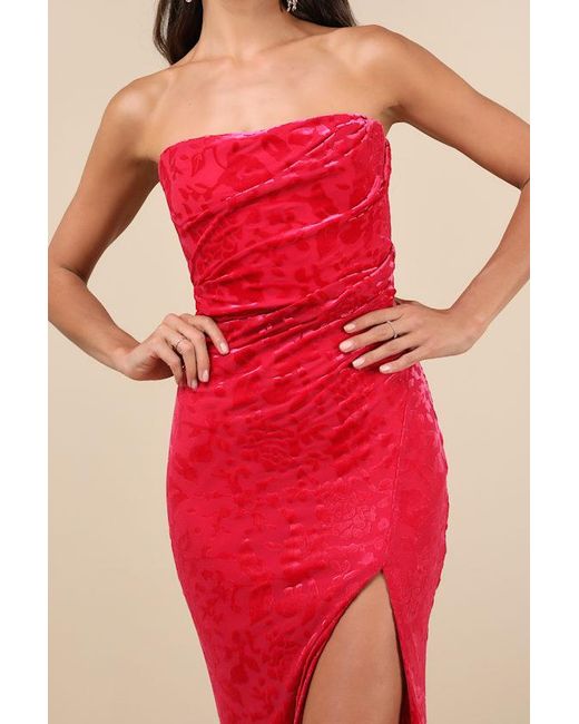 Lulus Red Fabulous Darling Burnout Velvet Strapless Maxi Dress