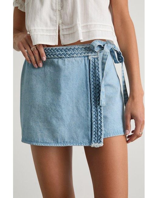 Lulus Blue Joanie Light Wash Denim Faux-Wrap Braided Skort