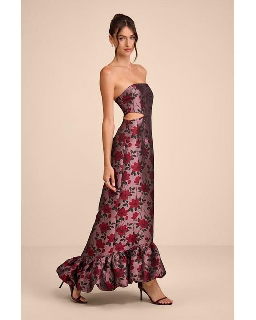 Lulus | Devil Wears Prada Red Sharra Floral Jacquard Bubble Hem Maxi Dress