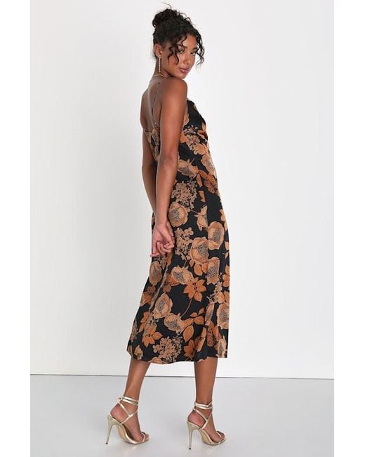 Lulus Black Favorite Icon Floral Satin Cowl Neck Slip Midi Dress