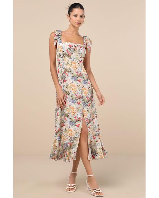 Lulus Natural Summer Invite Multi Floral Tie-Strap Tiered Midi Dress