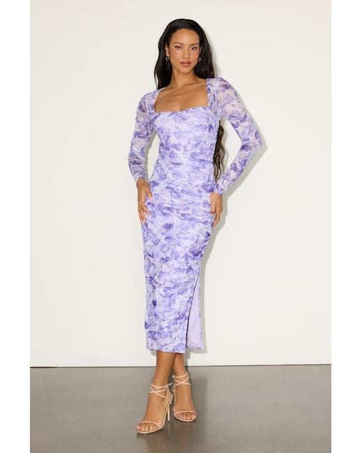 Lulus Purple Janessa Floral Mesh Bodycon Midi Dress