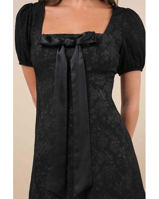 Lulus Black Polished Sweetie Jacquard Bow Puff Sleeve Mini Dress