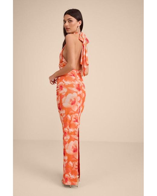 Lulus Orange Frona Floral Mesh Backless Maxi Dress