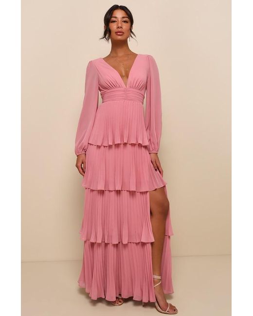 Lulus Pink Graceful Finesse Pleated Long Sleeve Maxi Dress