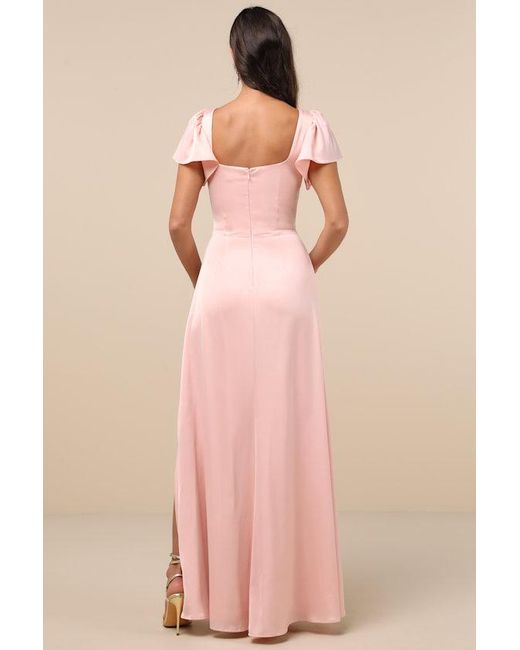 Lulus Pink Ultimate Sweetness Satin Flutter Sleeve Maxi Dress