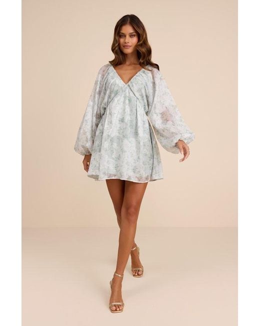 Lulus Gray Halen Floral Long Sleeve Mini Dress