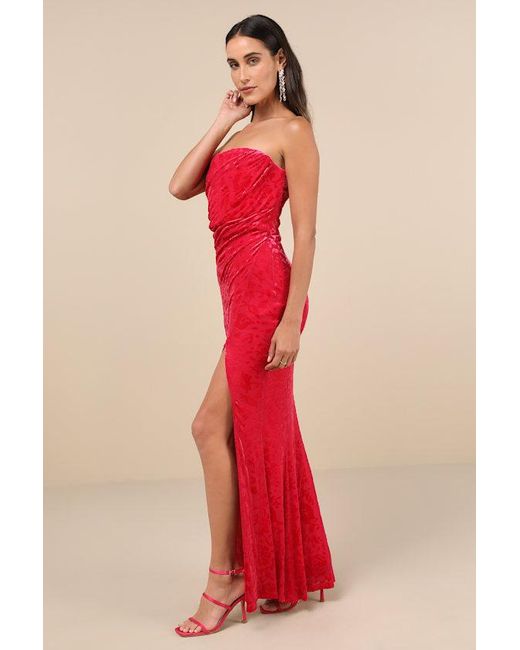 Lulus Red Fabulous Darling Burnout Velvet Strapless Maxi Dress