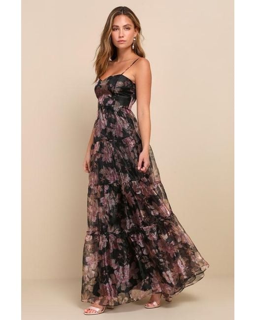 Lulus Brown Exclusive Glamour Floral Organza Tiered Maxi Dress