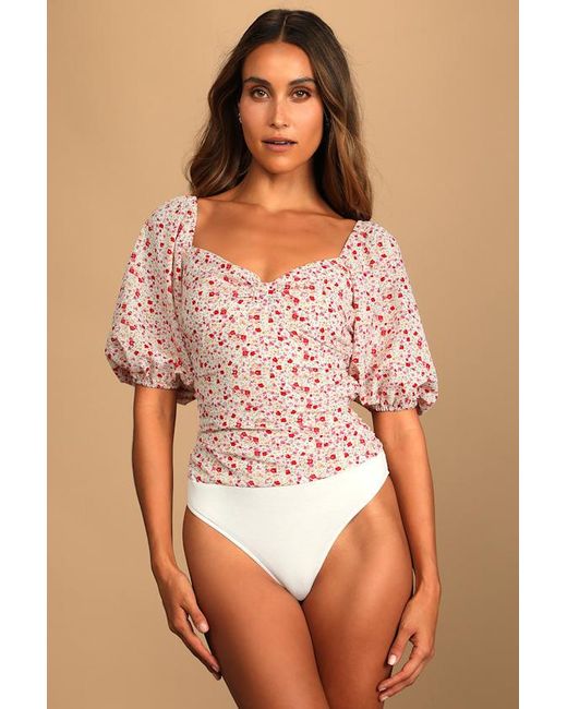 Lulus Blue Beautiful Hues Floral Print Puff Sleeve Ruched Bodysuit